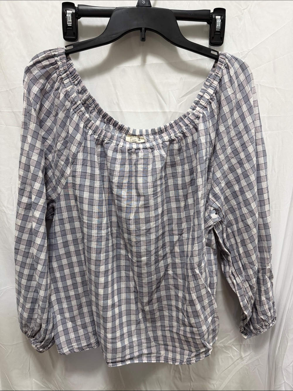 a.n.a White and Gray Plaid Off-Shoulder Peasant Top